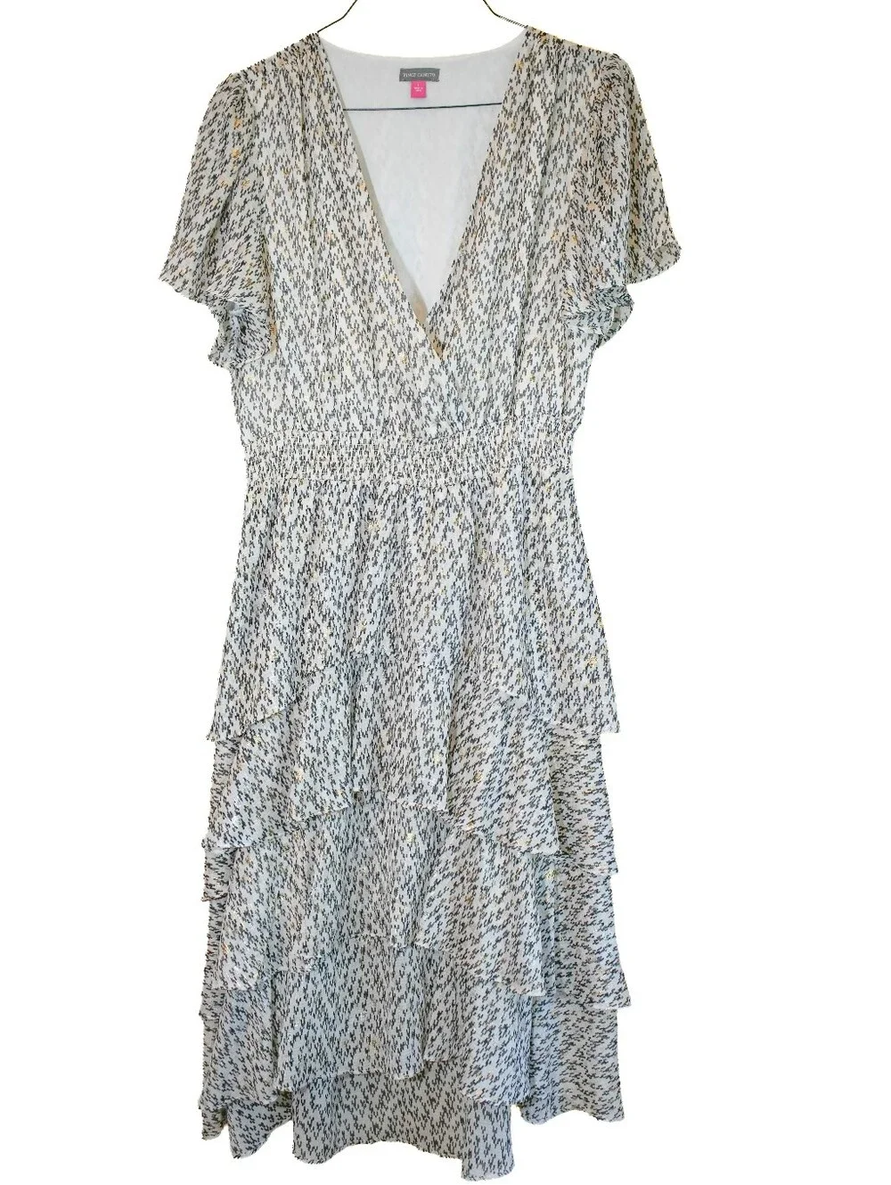 Vince Camuto Chiffon Layered Tiered Midi Dress V-Neck Abstract Print Large